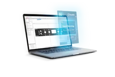 Person arbeitet mit Frontplatten-Designer-Software an einem Frontplatten-Entwurf mit Hilfe des KI Assistenten