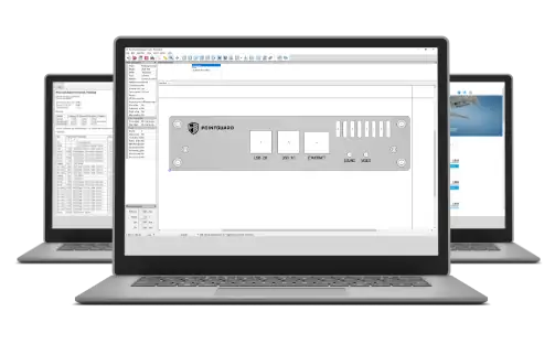 Drei Bildschirme zeigen die Software mit nützlichen Funktionen wie Preiskalkulation und Direktbestellung, inklusive der Frontplatte aus Schritt 1, umgesetzt als Projekt.