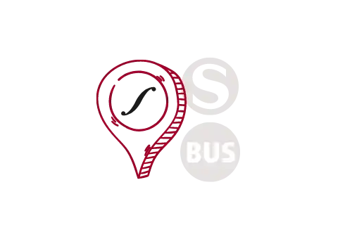 Das Icon eines Standortpfeils und Symbole des öffentlichen Nahverkehrs stehen für die gute Erreichbarkeit des Unternehmensstandorts.