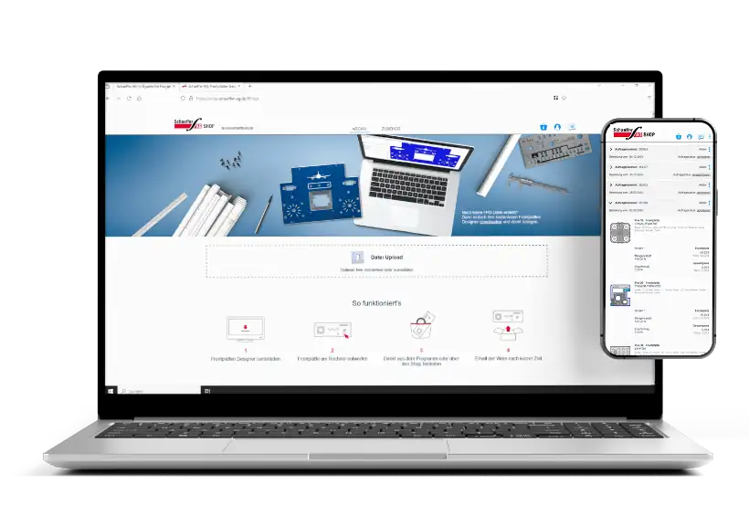 Aufgeklappter Laptop und Smartphone, jeweils mit dem Webshop der Schaeffer AG auf dem Bildschirm.