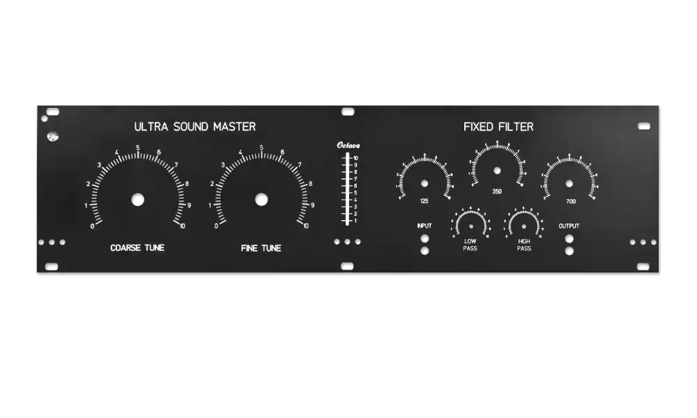 Schwarz eloxierte Aluminium-Frontplatte mit Gravur für Audiofiltermodul ‚Ultra Sound Master‘ mit Tuning und Filtereinheiten.