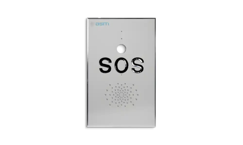 SOS-Frontplatte aus Aluminium, eloxiert in natur, mit Lautsprecherbohrungen und Logo – geeignet für Notrufsysteme und Wandmontage.