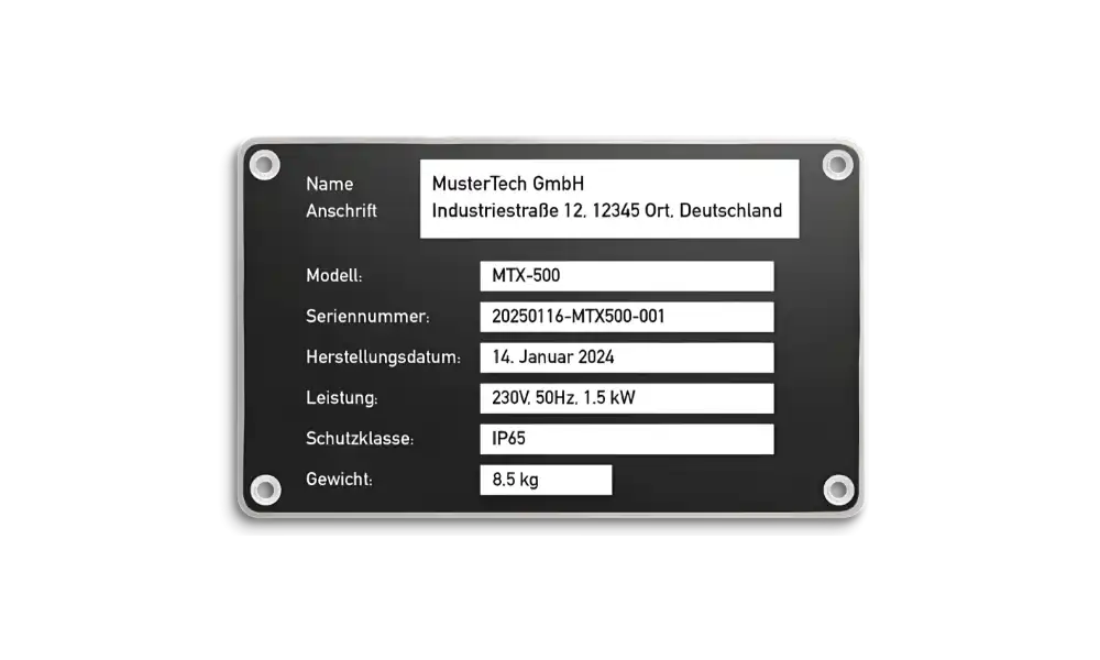 Typenschild der Firma MusterTech GmbH mit Modell MTX-500, Seriennummer, Leistungsangabe, Schutzklasse IP65 und Herstellungsdatum.