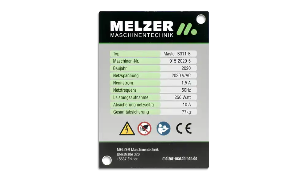 Typenschild aus eloxiertem Aluminium mit mehrfarbigem UV-Druck für Maschinenkennzeichnung.