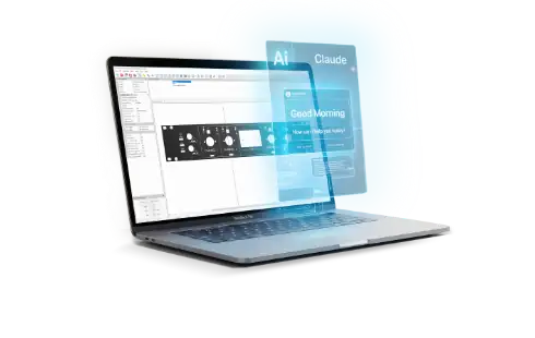 Person arbeitet mit Frontplatten-Designer-Software an einem Frontplatten-Entwurf mit Hilfe des KI Assistenten